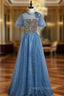 Blue Tulle Sequins Short Sleeve Open Back Formal Prom Dress