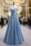 Blue Tulle Short Sleeve Scoop Neck Formal Prom Dress