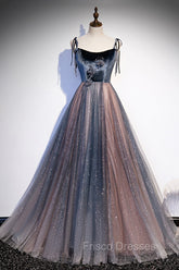 Blue Tulle Spaghetti Strap Long Formal Prom Dress, A-Line Lace-Up Evening Dress