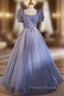 Blue Tulle Square Neck Short Sleeve Beading Flower Formal Prom Dress