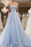 Blue Tulle Sweetheart Neck Appliques Formal Prom Dress