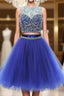 Blue two pieces tulle sequin beads short Formal Prom Dresses, blue homecoming