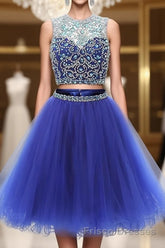 Blue two pieces tulle sequin beads short Formal Prom Dresses, blue homecoming