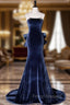 Blue Unique Mermaid Velvet Long Formal Prom Dress, Velvet Formal Evening Dress