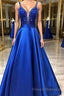 Blue v neck beads satin long Formal Prom Dresses, blue evening Dresses