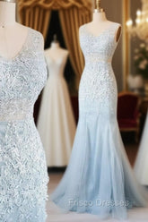 Blue V Neck Lace Tulle Long Formal Prom Dress, Blue Lace Evening Dress For Teens