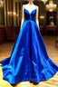 Blue V-Neck Satin Long Evening Dress, A-Line Backless Formal Prom Dress