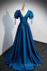 Blue V-Neck Satin Long Formal Prom Dress, A-Line Short Sleeve Evening Dress
