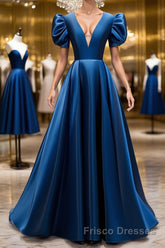 Blue v neck satin long Formal Prom Dresses blue satin evening Dresses