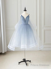 Blue V Neck Tulle Beads Short Prom Dress, Blue Tulle Formal Dress