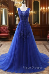 Blue V Neck Tulle Lace Long Formal Prom Dress, Blue Evening Dress
