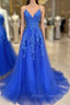 Blue V Neck Tulle Lace Long Formal Prom Dress, Blue Tulle Evening Dress
