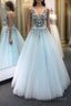 Blue v neck tulle lace long Formal Prom Dresses blue tulle formal Dresses