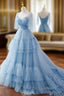 Blue v neck tulle long Formal Prom Dress, blue tulle formal Dress