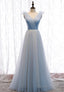 Blue V-Neck Tulle Long Prom Dresses, A-Line Evening Dresses