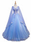 Blue V-neckline Formal Prom Dress with Long Sleeves, Lace Applique Party Dress For Teen