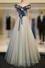 Blue Velvet Off the Shoulder Beading Formal Prom Dress