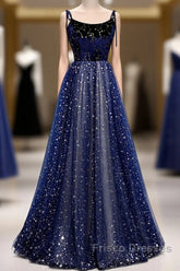Blue Velvet Tulle Long Formal Prom Dress, Beautiful A-Line Evening Party Dress