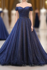 Dark Blue Shining Tulle Long Formal Prom Dress, Evening Dress