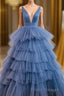 Blue V Neck Tiered Sleeveless Tulle Formal Prom Dress, Gorgeous Long Party Dress