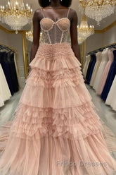 Blushing Pink Tulle Ruffle Layers Lace-Up Back A-Line Formal Prom Dress