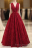 Burgundy V Neck Lace Long Formal Prom Dress, Burgundy Evening Dress