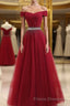 Burgundy Tulle Off Shoulder Long Formal Prom Dress, Burgundy Evening Dress