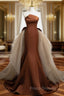 Brown Mermaid Satin Tulle Long Formal Prom Dress, Brown Long Evening Dress
