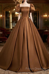 Brown Satin A-Line Short Sleeves Party Dress, Simple Satin Formal Prom Dress Formal Dress