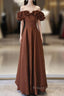 Brown Satin Off Shoulder A-Line Formal Prom Dress, Brown Satin Evening Dress Formal Dress