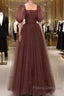 Brown Tulle Floor Length Formal Prom Dress, A-Line Short Sleeve Evening Party Dress
