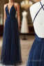 Simple Tulle Blue Long Formal Prom Dress, A Line Backless Evening Dress