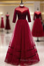 Burgund Tulle Velvet Half Sleeve Beading Formal Prom Dress