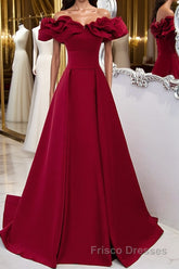 Burgundy A-Line Satin Long Formal Prom Dresses, Burgundy Formal Evening Dresses