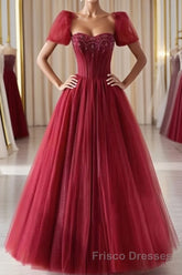Burgundy A line tulle beads long Formal Prom Dresses burgundy formal Dresses
