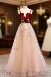 Burgundy A-line Tulle Lace Long Formal Prom Dress Tulle Formal Dress