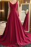 Burgundy A Line V Neck Sweep Train Open Back Satin Long Formal Prom Dresses, V Neck Burgundy Formal Dresses, Backless Evening Dresses