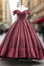 Burgundy Ball Gown Sequins Off the Shoulder Formal Prom Dress
