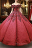 Burgundy Ball Gown Lace Off the Shoulder Appliques Beading Formal Prom Dress