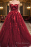 Burgundy Floral Lace Sweetheart Tulle Ball Gown Wedding Dress