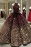 Burgundy Gold Sequins Halter Formal Prom Dress