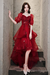 Burgundy Lace High Low Prom Dress, A-Line 1/2 Sleeve Evening Party Dress