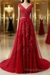 Burgundy Lace Formal Prom Dresses with Train, Wine Red Lace Formal Evening Dresses