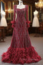 Burgundy Long Sleeve Square Beading Formal Prom Dress