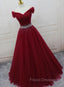 Burgundy Long Tulle Off Shoulder Formal Prom Dress , Junior Formal Prom Dress