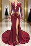 Burgundy Mermaid Deep V-neck Long Sleeve Backless Formal Prom Dress