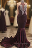 Burgundy Mermaid High Neck Velvet Formal Prom Dress