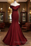 Burgundy Mermaid Long Formal Prom Dress, Off the Shoulder V-Neck Formal Evening Dress