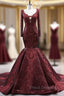 Burgundy Mermaid Long Sleeve V-neck Appliques Formal Prom Dress
