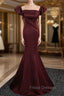 Burgundy Mermaid Off the Shoulder Pleats Formal Prom Dress